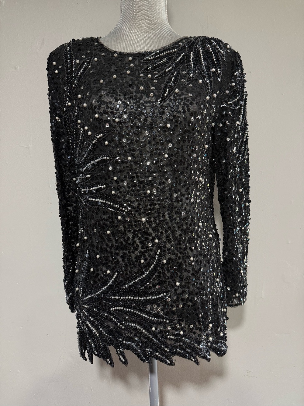 Vintage Black Sequin Beaded Long-Sleeve Dress